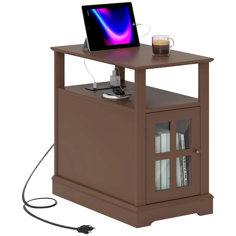 End Table with Charging Station, Narrow Side Table with USB Ports and Outlets, Small Table with Hidden Storage and Open Shelf