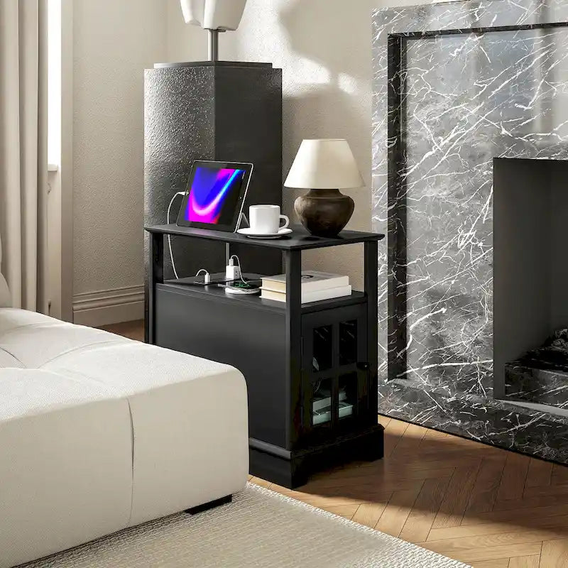 End Table with Charging Station, Narrow Side Table with USB Ports and Outlets, Small Table with Hidden Storage and Open Shelf