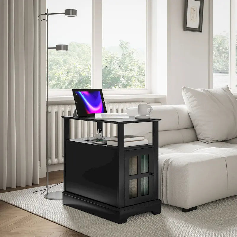 End Table with Charging Station, Narrow Side Table with USB Ports and Outlets, Small Table with Hidden Storage and Open Shelf