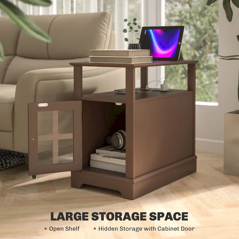 End Table with Charging Station, Narrow Side Table with USB Ports and Outlets, Small Table with Hidden Storage and Open Shelf