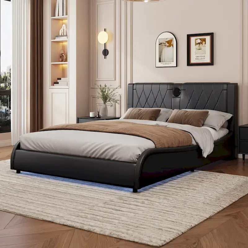 King LED Bed Frame with Bluetooth Speakers & Leather Upholstery