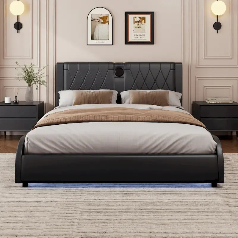 King LED Bed Frame with Bluetooth Speakers & Leather Upholstery