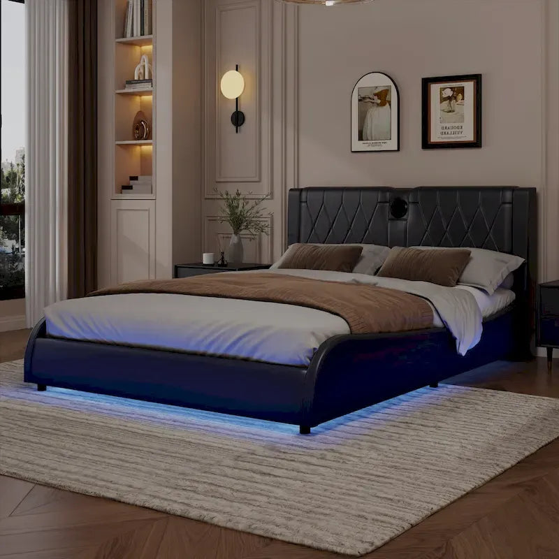 King LED Bed Frame with Bluetooth Speakers & Leather Upholstery