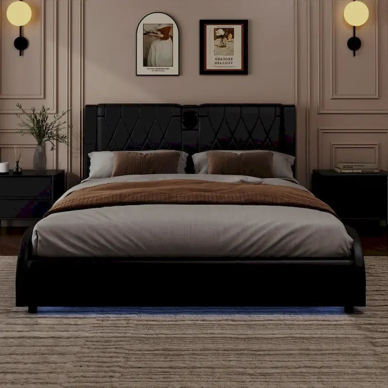 King LED Bed Frame with Bluetooth Speakers & Leather Upholstery
