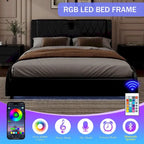King LED Bed Frame with Bluetooth Speakers & Leather Upholstery