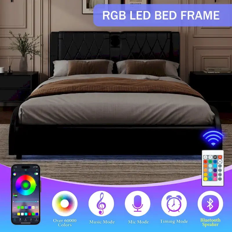 King LED Bed Frame with Bluetooth Speakers & Leather Upholstery