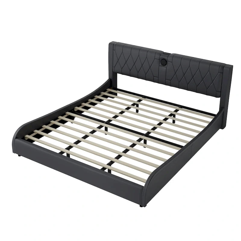King LED Bed Frame with Bluetooth Speakers & Leather Upholstery