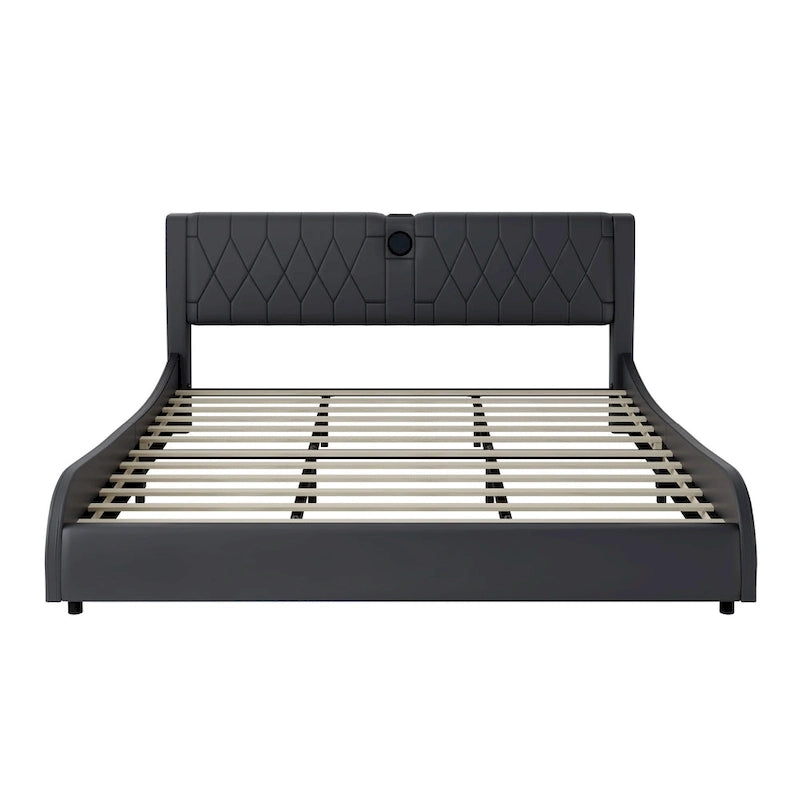 King LED Bed Frame with Bluetooth Speakers & Leather Upholstery
