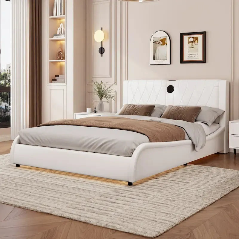 King LED Bed Frame with Bluetooth Speakers & Leather Upholstery