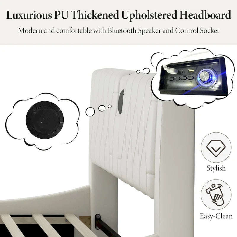 King LED Bed Frame with Bluetooth Speakers & Leather Upholstery