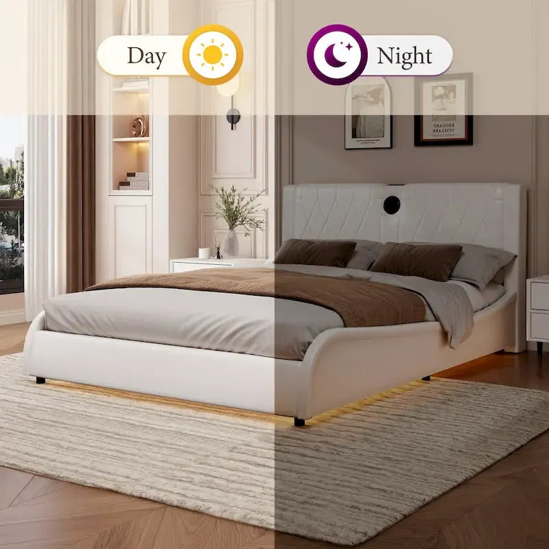 King LED Bed Frame with Bluetooth Speakers & Leather Upholstery