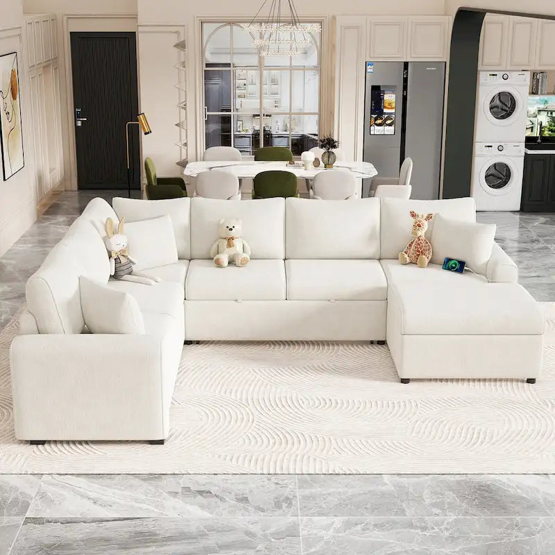 Pull-Out Bed Sleeper with Storage Ottoman, Three Pillows, and Built-In Charging Devices