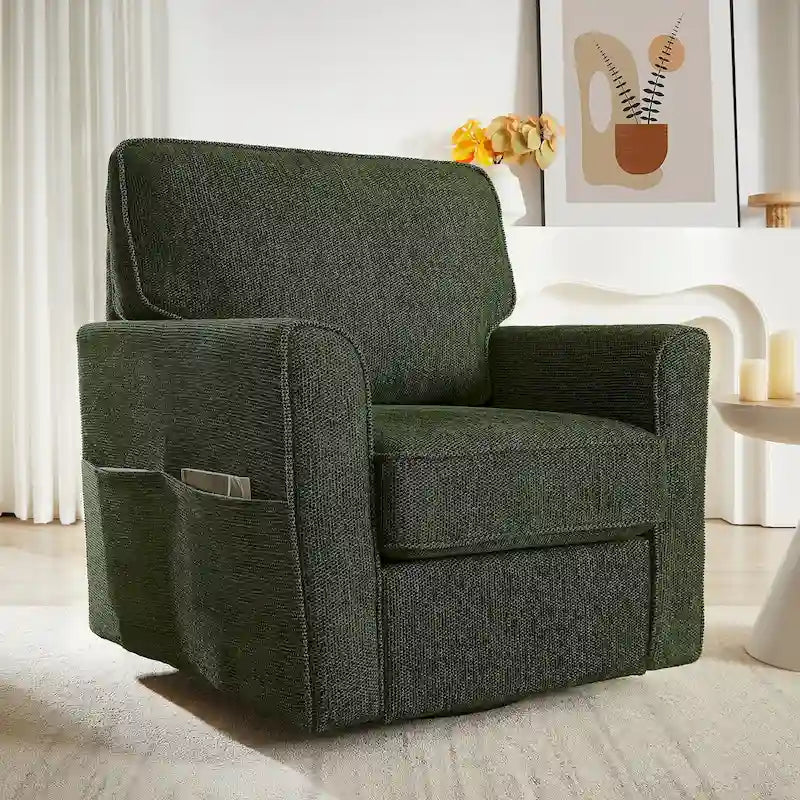 Chenille 360 Swivel Lounge Chair, Modern Armchair with Side Pockets Swivel Sofa Chair Ergonomic Recliner Chair for Bedroom