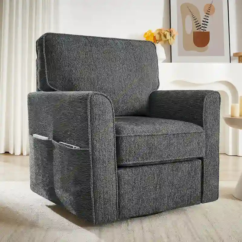 Chenille 360 Swivel Lounge Chair, Modern Armchair with Side Pockets Swivel Sofa Chair Ergonomic Recliner Chair for Bedroom