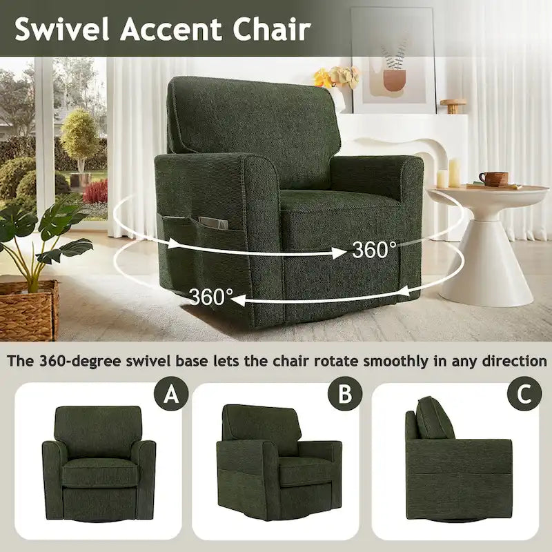 Chenille 360 Swivel Lounge Chair, Modern Armchair with Side Pockets Swivel Sofa Chair Ergonomic Recliner Chair for Bedroom