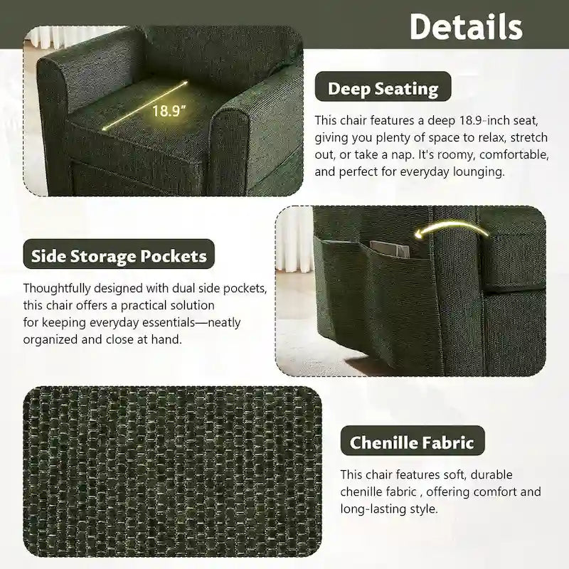 Chenille 360 Swivel Lounge Chair, Modern Armchair with Side Pockets Swivel Sofa Chair Ergonomic Recliner Chair for Bedroom