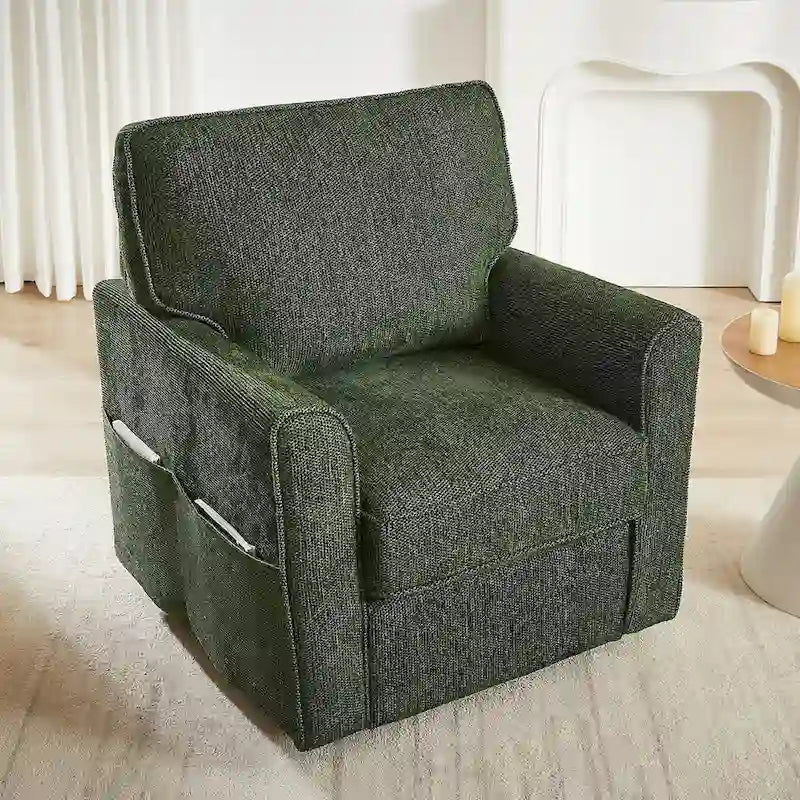 Chenille 360 Swivel Lounge Chair, Modern Armchair with Side Pockets Swivel Sofa Chair Ergonomic Recliner Chair for Bedroom