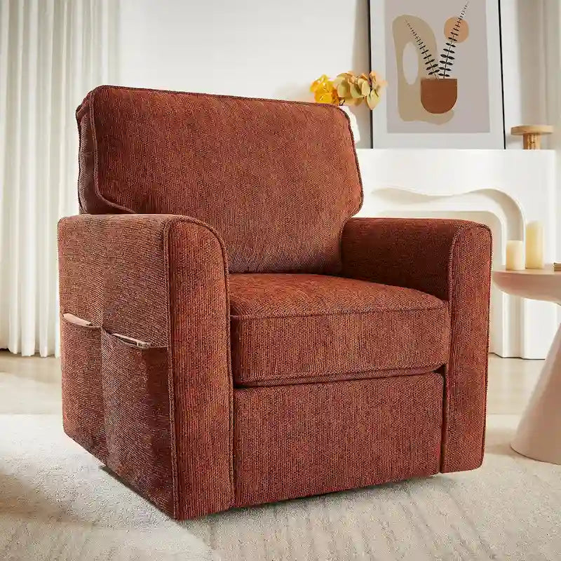 Chenille 360 Swivel Lounge Chair, Modern Armchair with Side Pockets Swivel Sofa Chair Ergonomic Recliner Chair for Bedroom
