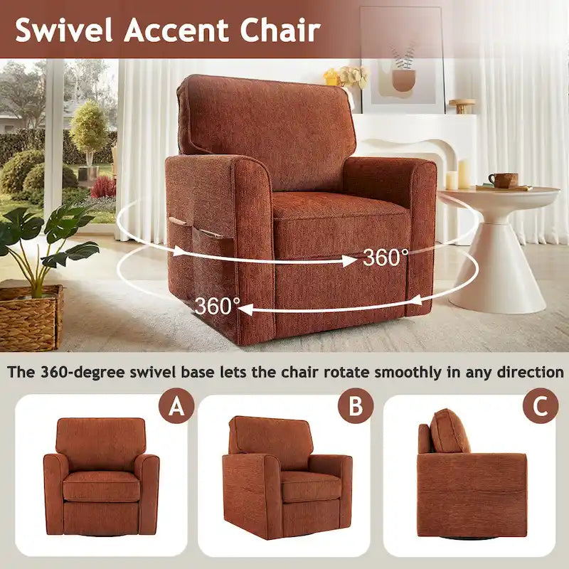 Chenille 360 Swivel Lounge Chair, Modern Armchair with Side Pockets Swivel Sofa Chair Ergonomic Recliner Chair for Bedroom