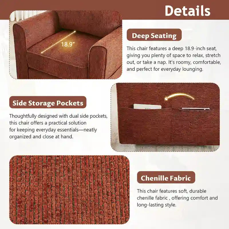 Chenille 360 Swivel Lounge Chair, Modern Armchair with Side Pockets Swivel Sofa Chair Ergonomic Recliner Chair for Bedroom