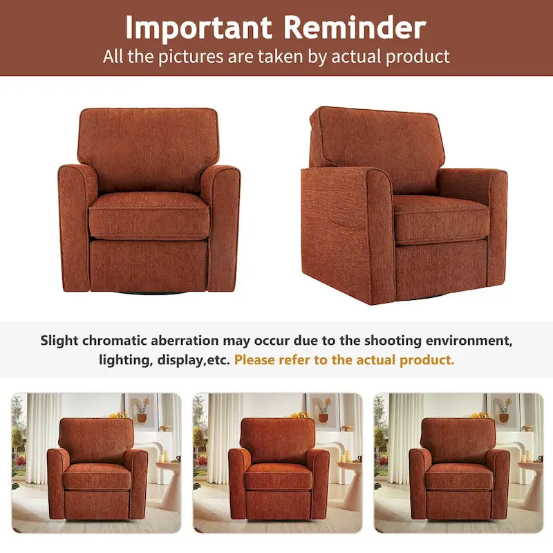 Chenille 360 Swivel Lounge Chair, Modern Armchair with Side Pockets Swivel Sofa Chair Ergonomic Recliner Chair for Bedroom