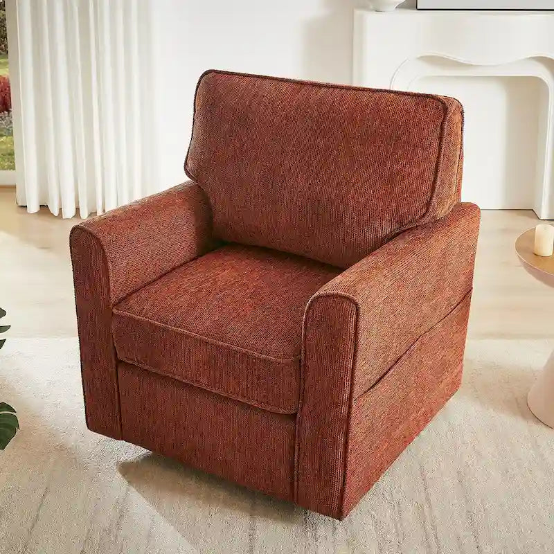 Chenille 360 Swivel Lounge Chair, Modern Armchair with Side Pockets Swivel Sofa Chair Ergonomic Recliner Chair for Bedroom