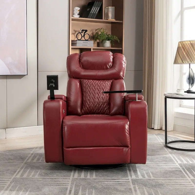 270 Swivel PU Leather Power Recliner with Phone Holder, Cup Holder, USB Port Home Theater Recliner for Living Room