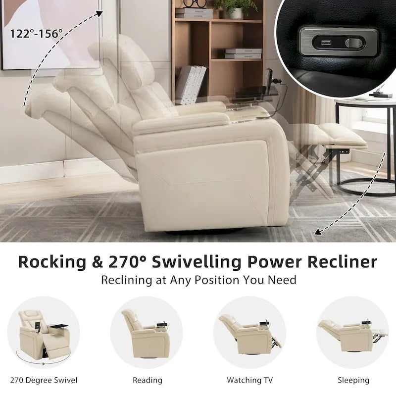 270 Swivel PU Leather Power Recliner with Phone Holder, Cup Holder, USB Port Home Theater Recliner for Living Room