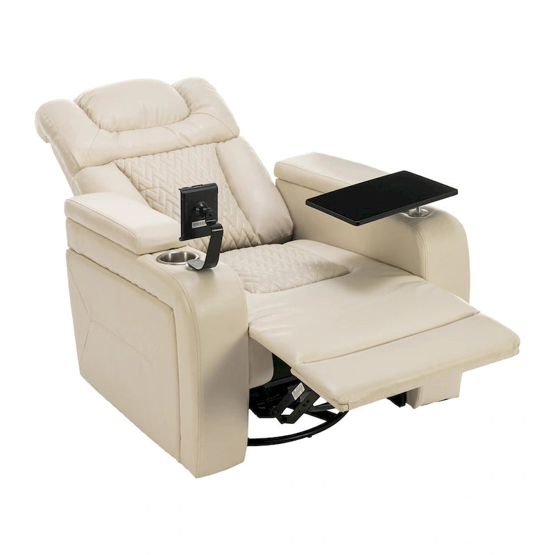 270 Swivel PU Leather Power Recliner with Phone Holder, Cup Holder, USB Port Home Theater Recliner for Living Room