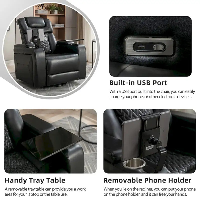 270 Swivel PU Leather Power Recliner with Phone Holder, Cup Holder, USB Port Home Theater Recliner for Living Room
