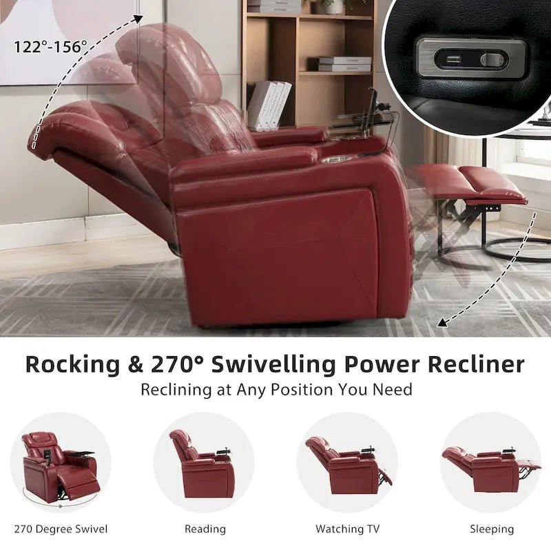 270 Swivel PU Leather Power Recliner with Phone Holder, Cup Holder, USB Port Home Theater Recliner for Living Room