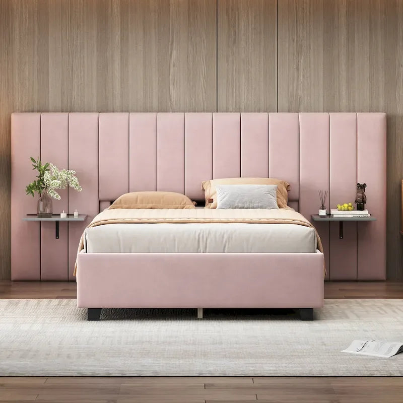 Pink Full Size Modern Style Velvet Upholstered Platform Bed with Big Headboard for Bedroom