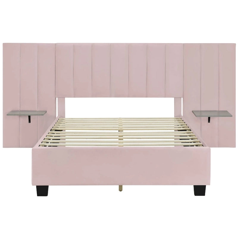 Pink Full Size Modern Style Velvet Upholstered Platform Bed with Big Headboard for Bedroom