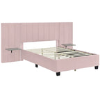 Pink Full Size Modern Style Velvet Upholstered Platform Bed with Big Headboard for Bedroom