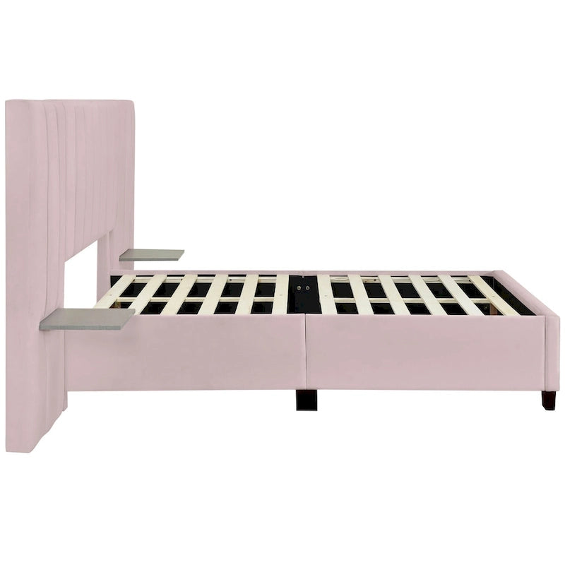 Pink Full Size Modern Style Velvet Upholstered Platform Bed with Big Headboard for Bedroom