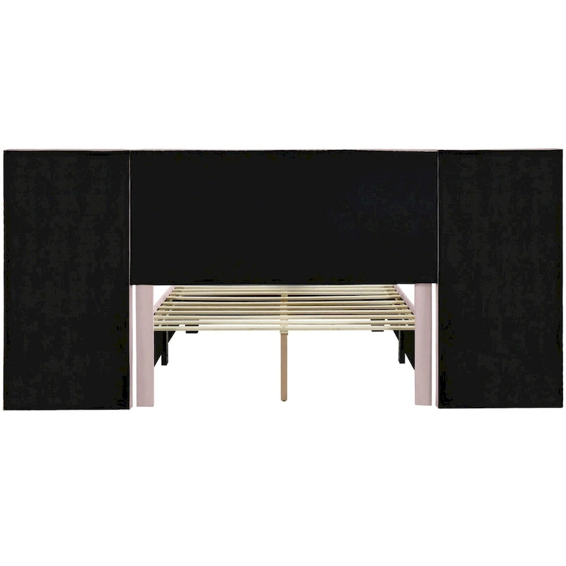 Pink Full Size Modern Style Velvet Upholstered Platform Bed with Big Headboard for Bedroom