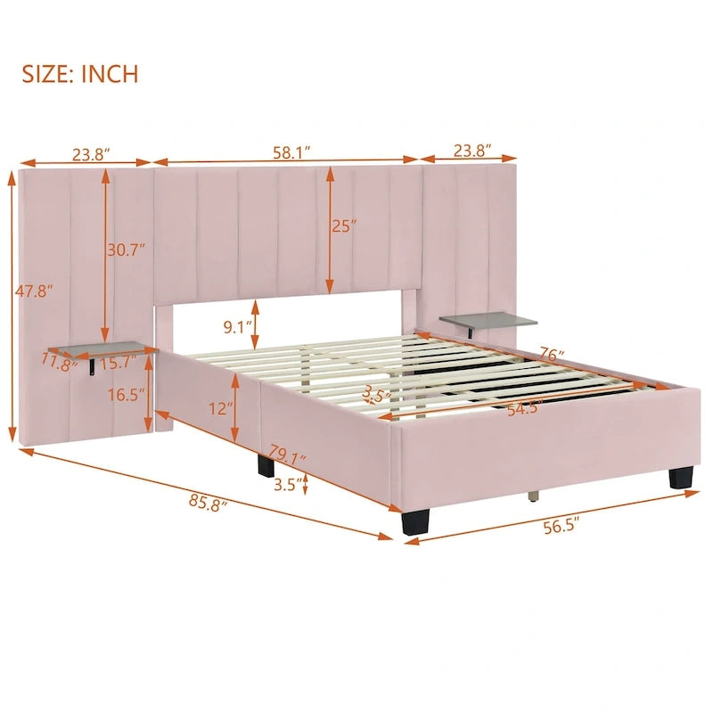 Pink Full Size Modern Style Velvet Upholstered Platform Bed with Big Headboard for Bedroom
