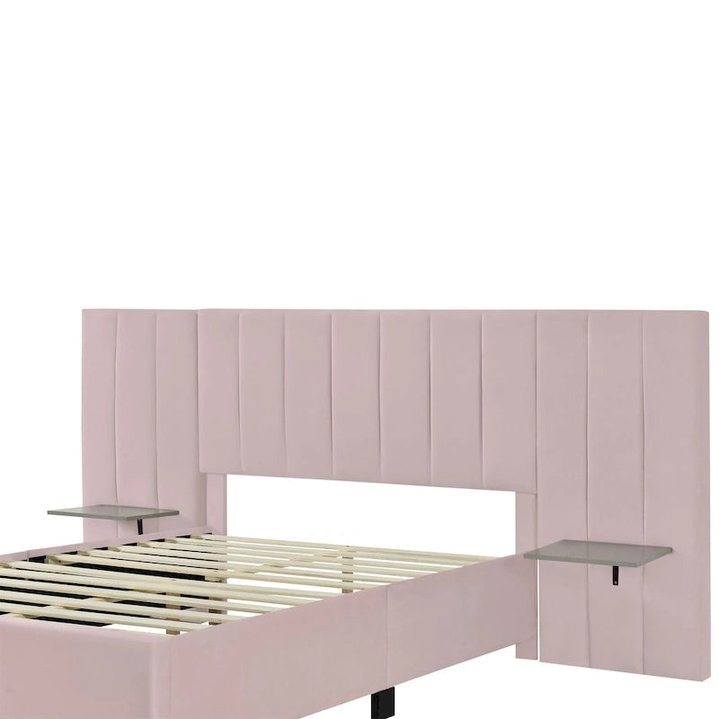 Pink Full Size Modern Style Velvet Upholstered Platform Bed with Big Headboard for Bedroom