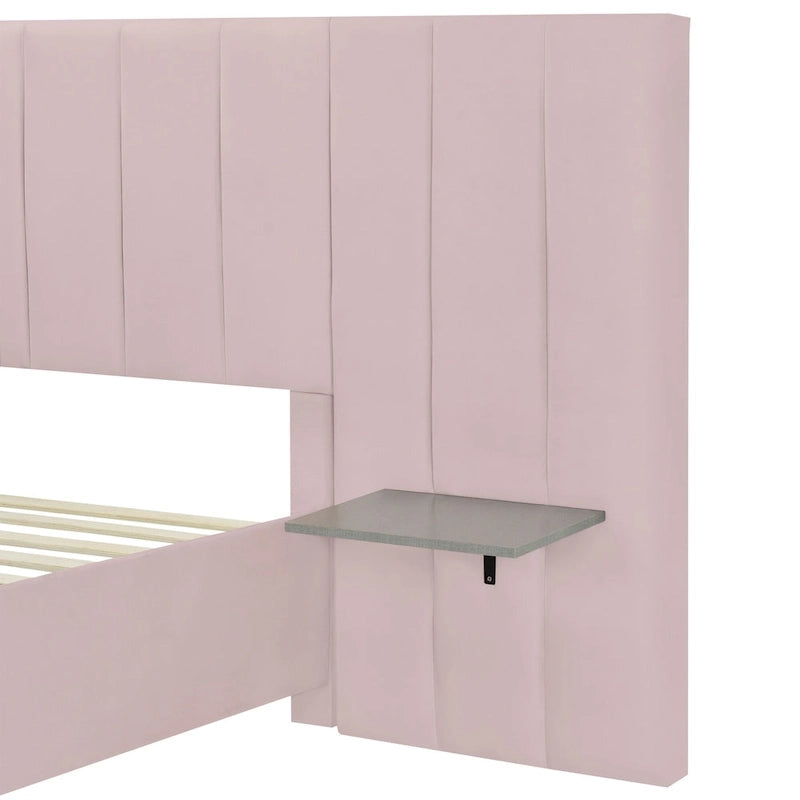 Pink Full Size Modern Style Velvet Upholstered Platform Bed with Big Headboard for Bedroom