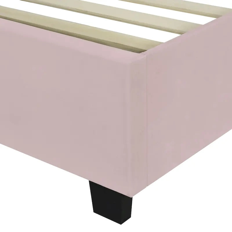 Pink Full Size Modern Style Velvet Upholstered Platform Bed with Big Headboard for Bedroom