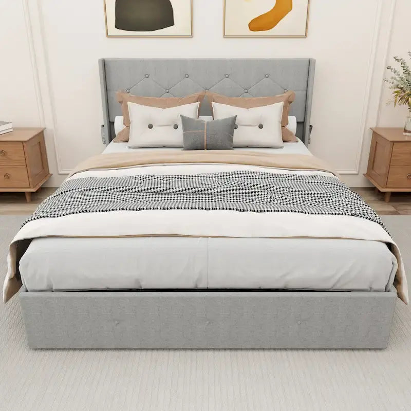 Light Gray Queen Size Modern Metal Platform Bed with Storage,Wingback Headboard and USB Ports