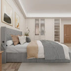 Light Gray Queen Size Modern Metal Platform Bed with Storage,Wingback Headboard and USB Ports