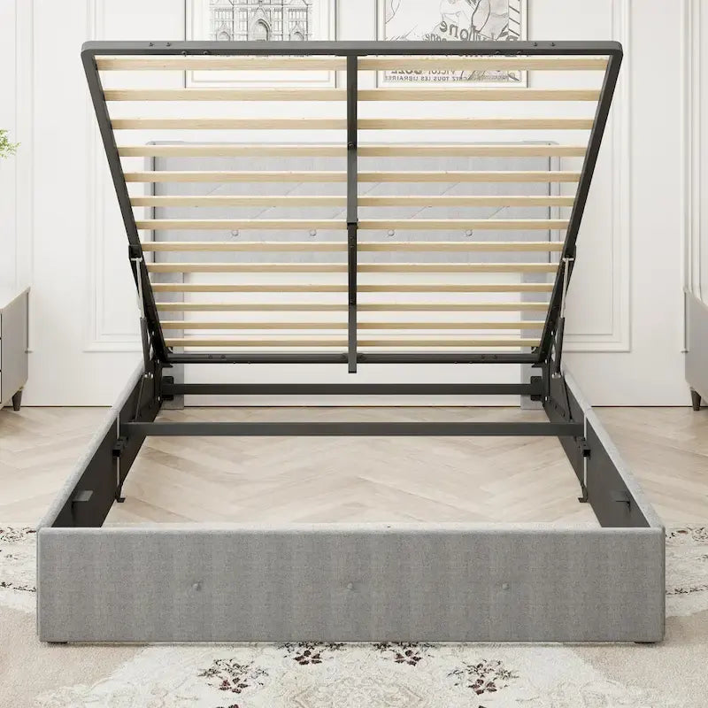 Light Gray Queen Size Modern Metal Platform Bed with Storage,Wingback Headboard and USB Ports