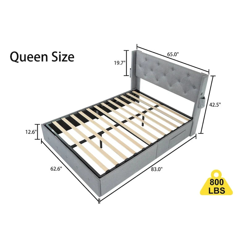 Light Gray Queen Size Modern Metal Platform Bed with Storage,Wingback Headboard and USB Ports