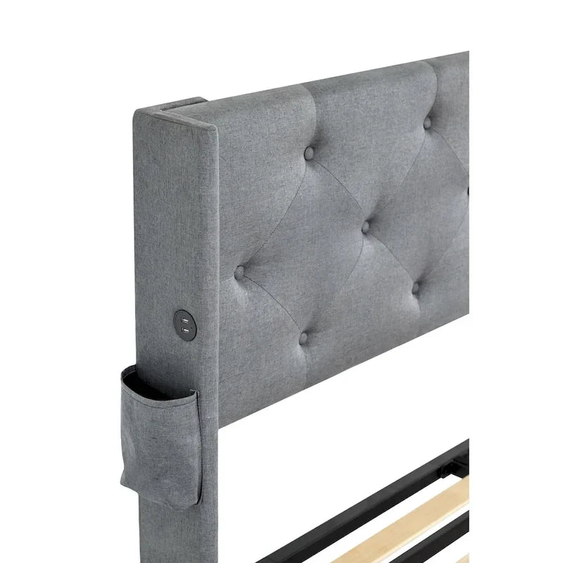 Light Gray Queen Size Modern Metal Platform Bed with Storage,Wingback Headboard and USB Ports