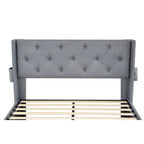 Light Gray Queen Size Modern Metal Platform Bed with Storage,Wingback Headboard and USB Ports