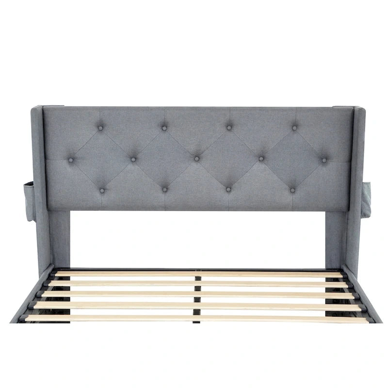 Light Gray Queen Size Modern Metal Platform Bed with Storage,Wingback Headboard and USB Ports