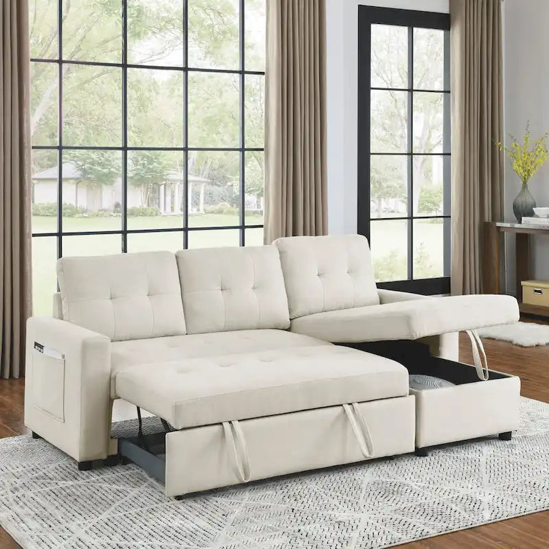 Beige 78.5Reversible 3 Seater Sleeper Sectional Sofa with Storage Chaise, Pull-Out Bed and Side Pocket