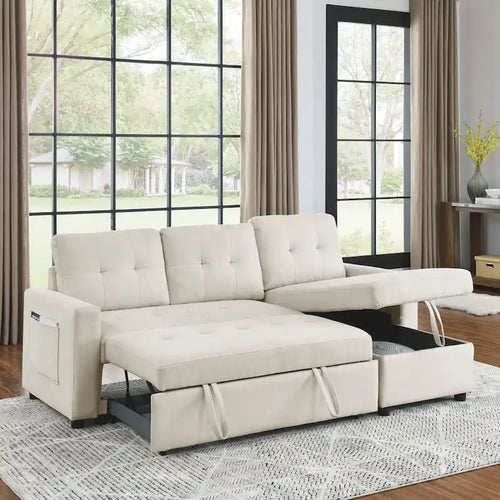 Beige 78.5Reversible 3 Seater Sleeper Sectional Sofa with Storage Chaise, Pull-Out Bed and Side Pocket