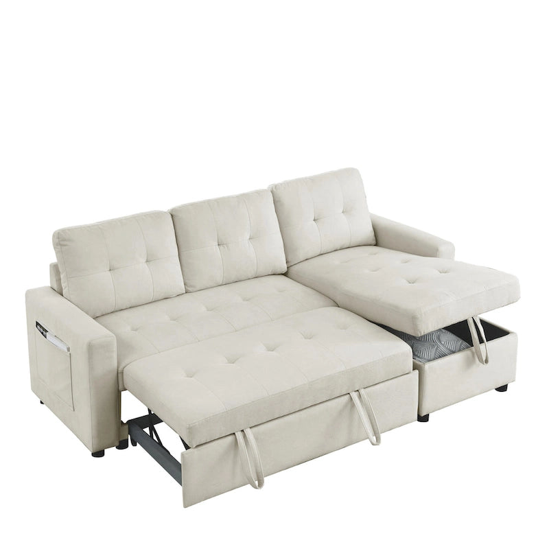 Beige 78.5" Reversible 3 Seater Sleeper with Storage Chaise, Pull-Out Bed and Side Pocket